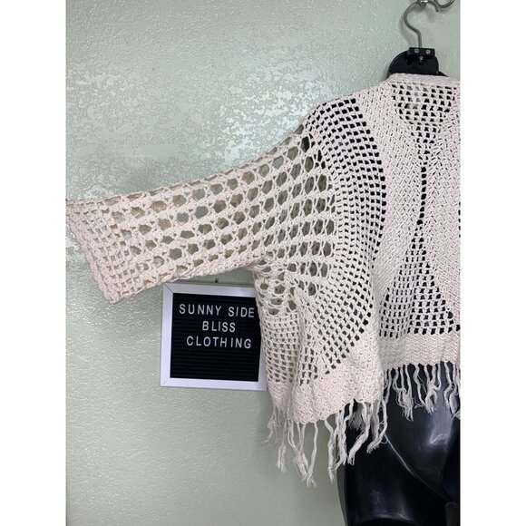 Chico’s Cream Cotton Cardigan with Fringe Size 1 - Picture 6 of 9